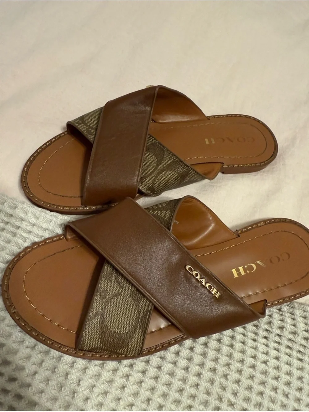 Coach Brown Leather & Signature Crossband Slide Sandals